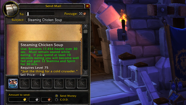 Icon and tooltip for Steaming Chicken Soup item in the in-game mail window