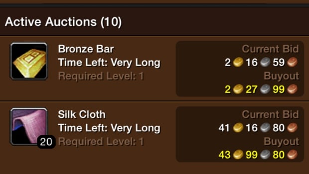 Active Auction Listings in the WoW Mobile Auction House (WoW Armory app for iOS)
