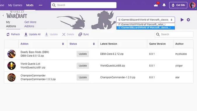 gow to manage addons wow twitch mobile