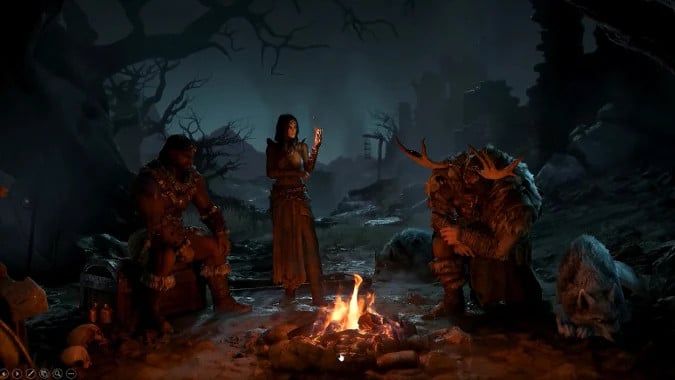 Diablo 4 characters around campfire