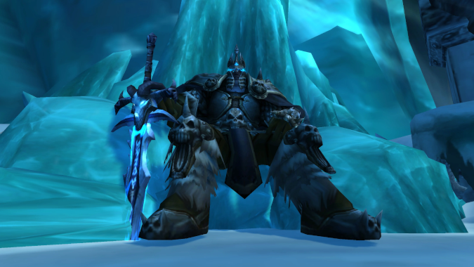 The Lich King sitting on his frozen throne, holding with runesword Frostmourne