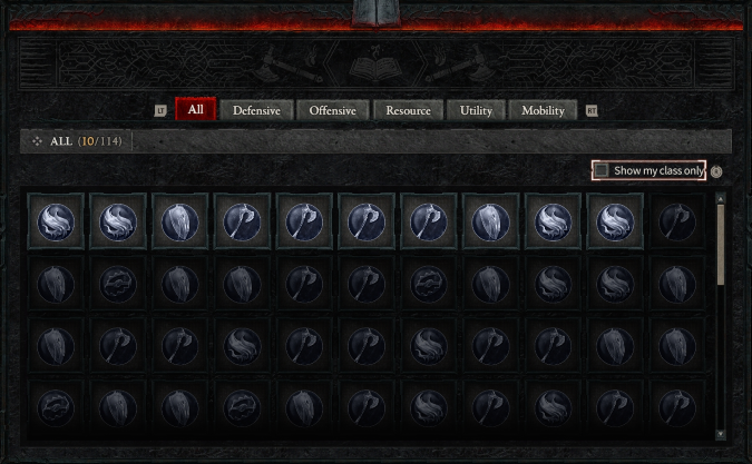 Codex of Power screen in Diablo 4, showing different Aspects earned