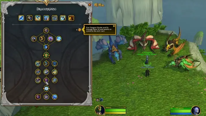 A dragonriding talent pane is open beside a collections of dragons and an NPC named Lithragosa.