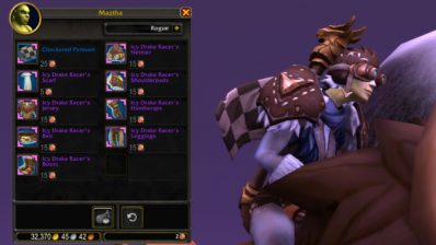 A snapshot of Maztha's store, filled with Icy Drake Racer transmogs, beside a screenshot of a drake rider showing off the set and pennant.