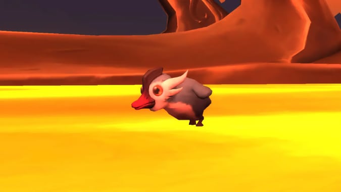 A duck swims in glowing, golden lava.