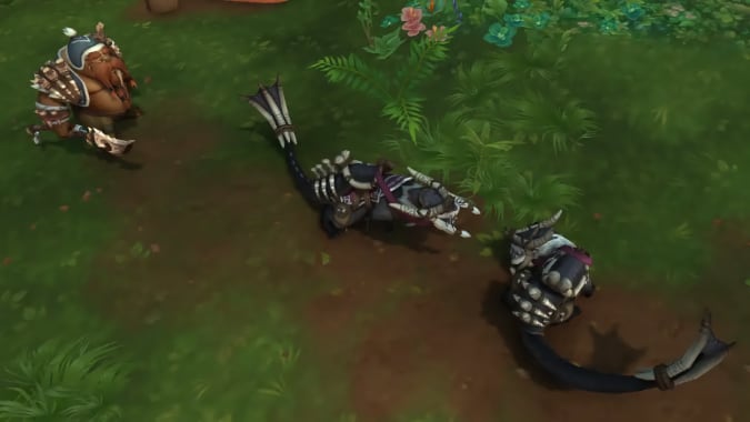 A tuskarr watches two armored ottuks fight.