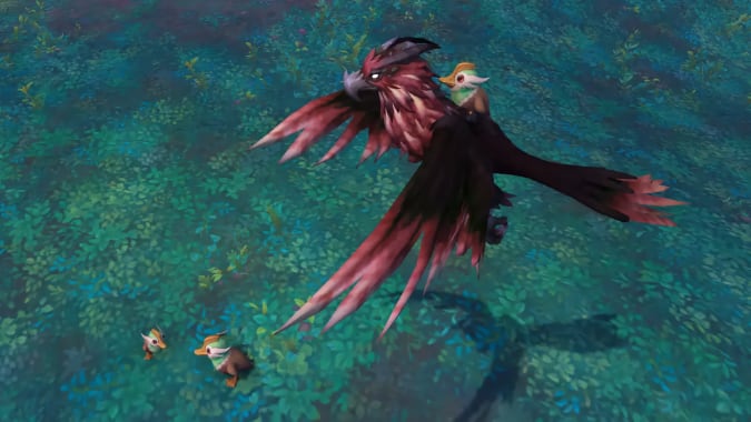 A red and brown hawk hovers above a pair of ducklings. Another duckling sits on the hawk's back.