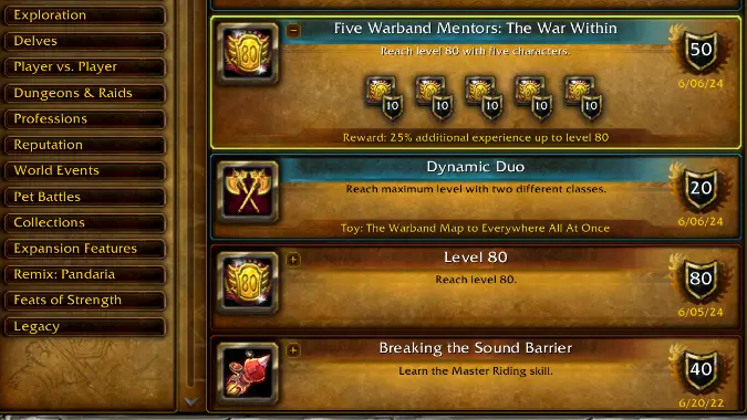 A glimpse of several new Warband achievements from the War Within Beta.