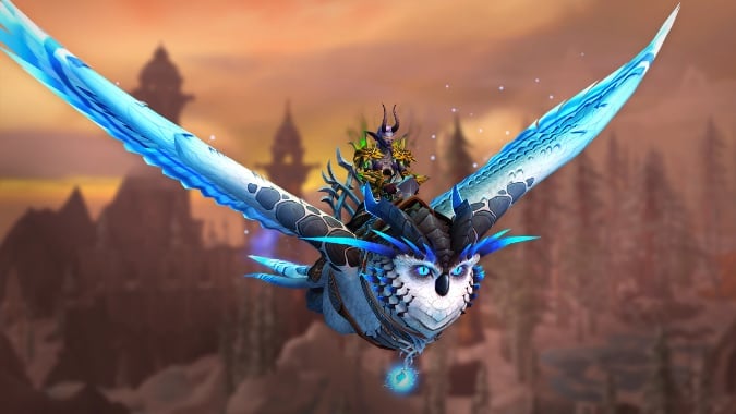 A Demon Hunter rides a flying blue-white owl