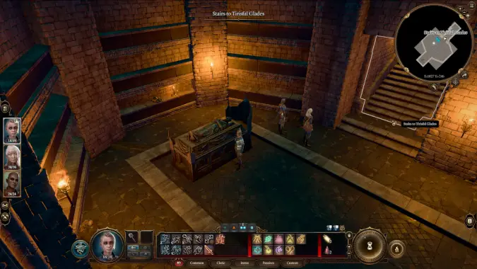 Three creepy-looking characters explore a stone crypt.