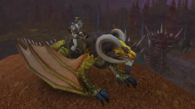 An undead skyrider sits atop a dragon, overlooking the north gates of Orgrimmar.