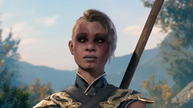 A Baldur's Gate character with spooky makeup, to give the feeling of an undead character.