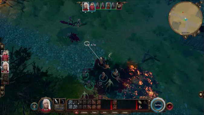 Four Deathguards help a party of Baldur's Gate characters fight a zombie. One of the guards is dead, again.