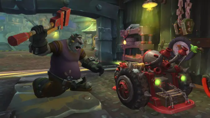 A hobgoblin aims a large wrench at a stylish vehicle.