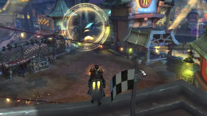 A rogue with a rocket stuck to their back prepares to race.