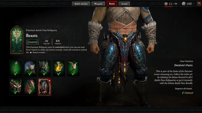 Diablo 4 Battle Pass Beasts Reliquary Season 8 Bonus Item after redeeming all rewards