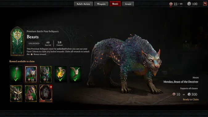 Diablo 4 Battle Pass Season 8 Beasts Reliquary with some rewards redeemed