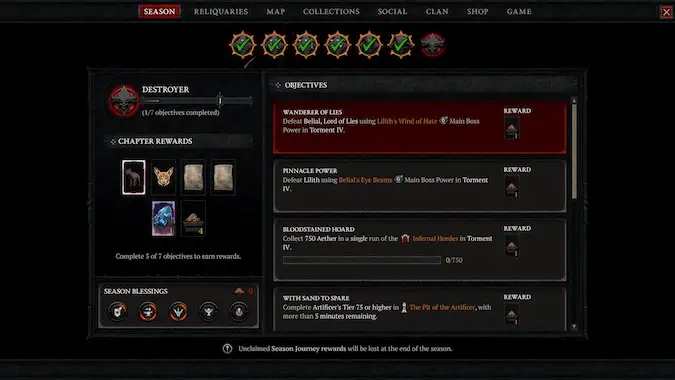 Diablo 4 Season Journey new Season Blessings menu