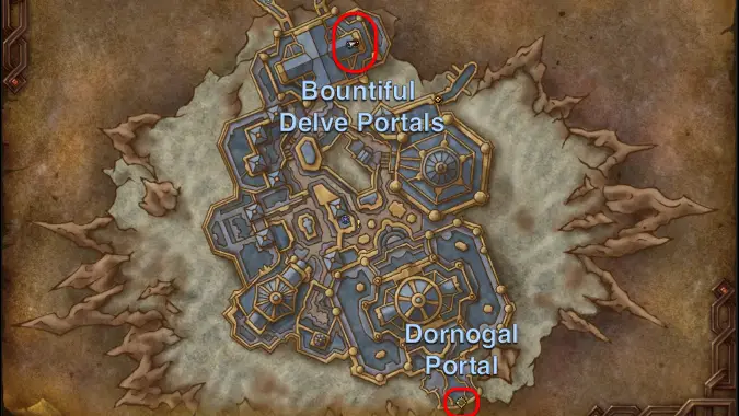 World of Warcraft Map of Tazavesh in The War Within, portal areas on the map are circled