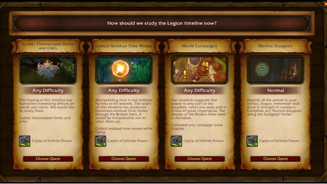 World of Warcraft: Legion Remix - Infinites Research quest menu