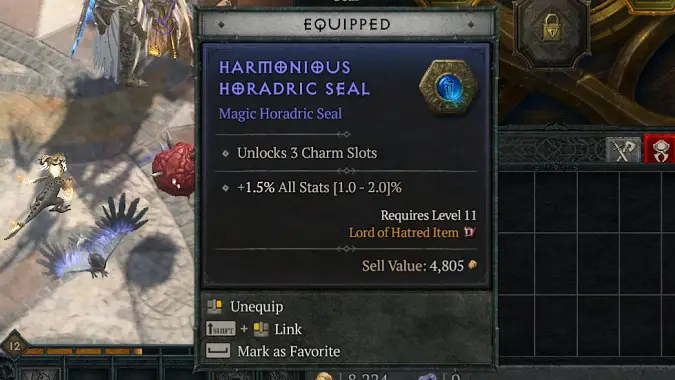 Diablo 4 Lord of Hatred Talisman system where players equip Seals to open Charm slots.