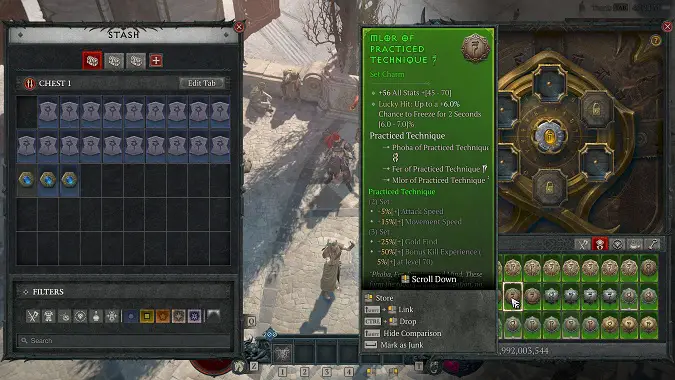 Diablo 4 Lord of Hatred Talisman system where players equip Set Charms for additional bonus stats.