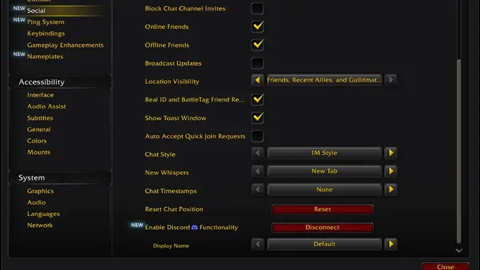World of Warcraft Social Options with new Enable Discord Functionality setting