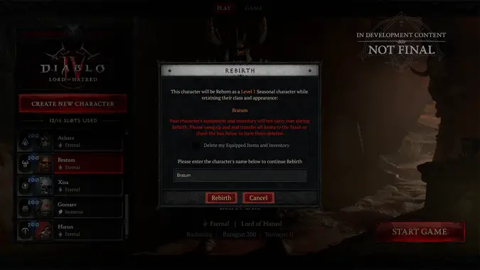 Diablo 4 Character Rebirth warning screen, alertig to possible item loss