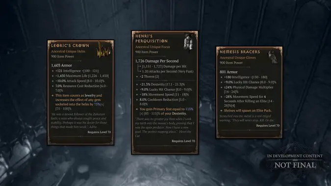Item cards for three example legacy Unique items: Leoric's Crown, Henri's Perquisition, and Nemesis Bracers