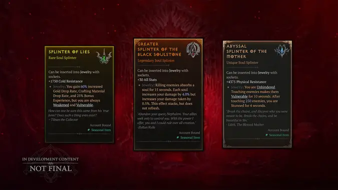 Item cards for three example Soul Splinters: Splinter of Lies, Greater Splinter of the Black Soulstone, and Abyssal Splinter of the Mother