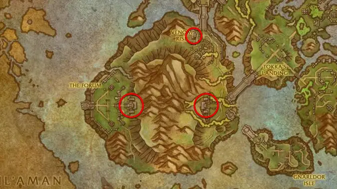 Vaults of Atal'Utek entrances circled on The Coiled Isle map from World of Warcraft